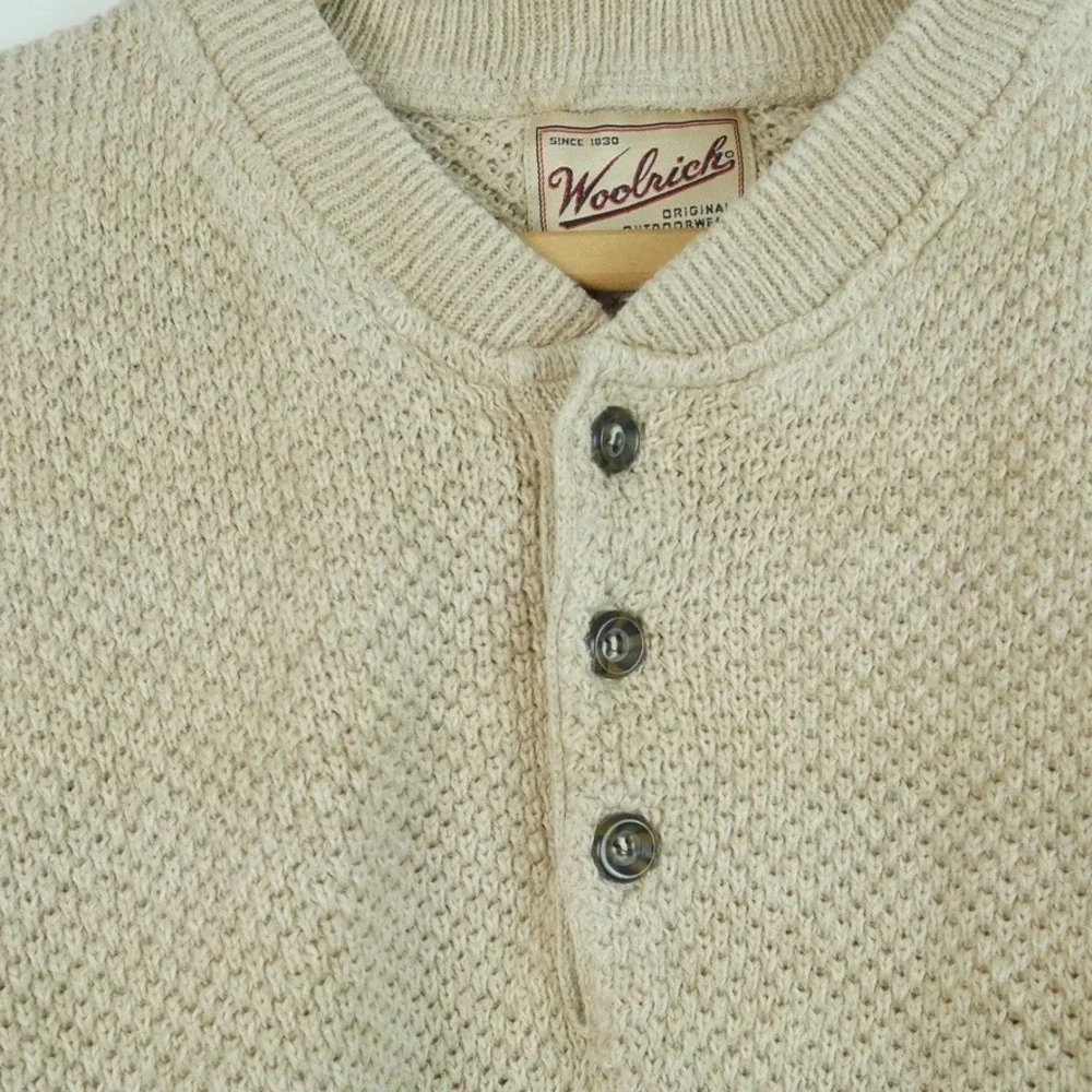 Vintage Woolrich XL Beige Cotton Blend Henley Sweater Chunky Knit Y2K Fisherman